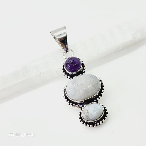 Rainbow Moonstone Amethyst Larimar 925 Silver Plated Long Pendant 2" Handcrafted - Picture 4 of 4